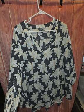 EST. 1946 3X Floral Polka Dot Chiffon Blouse Black White Yellow Roll Tab Sleeve